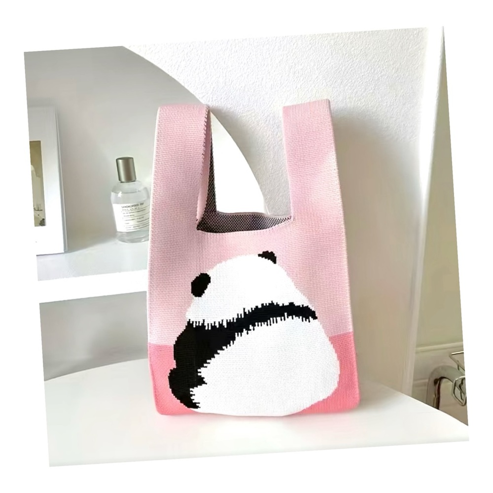 KAWAII Knitted Tote Bag Panda Pattern Pink Black White NWT